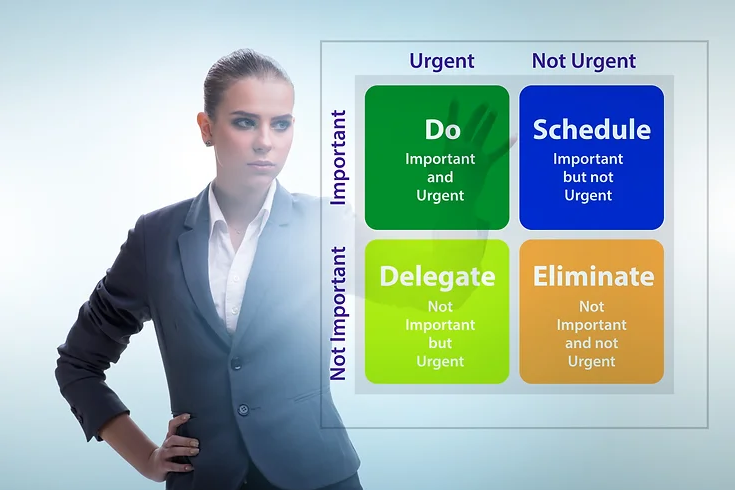 A businesswoman standing beside an Eisenhower Matrix chart with quadrants labeled "Do," "Schedule," "Delegate," and "Eliminate.