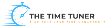 The Time Tuner logo featuring a stylized stopwatch in blue with motion lines, symbolizing efficient time management, alongside the brand name and tagline 'Fine Tune Your Time Management'