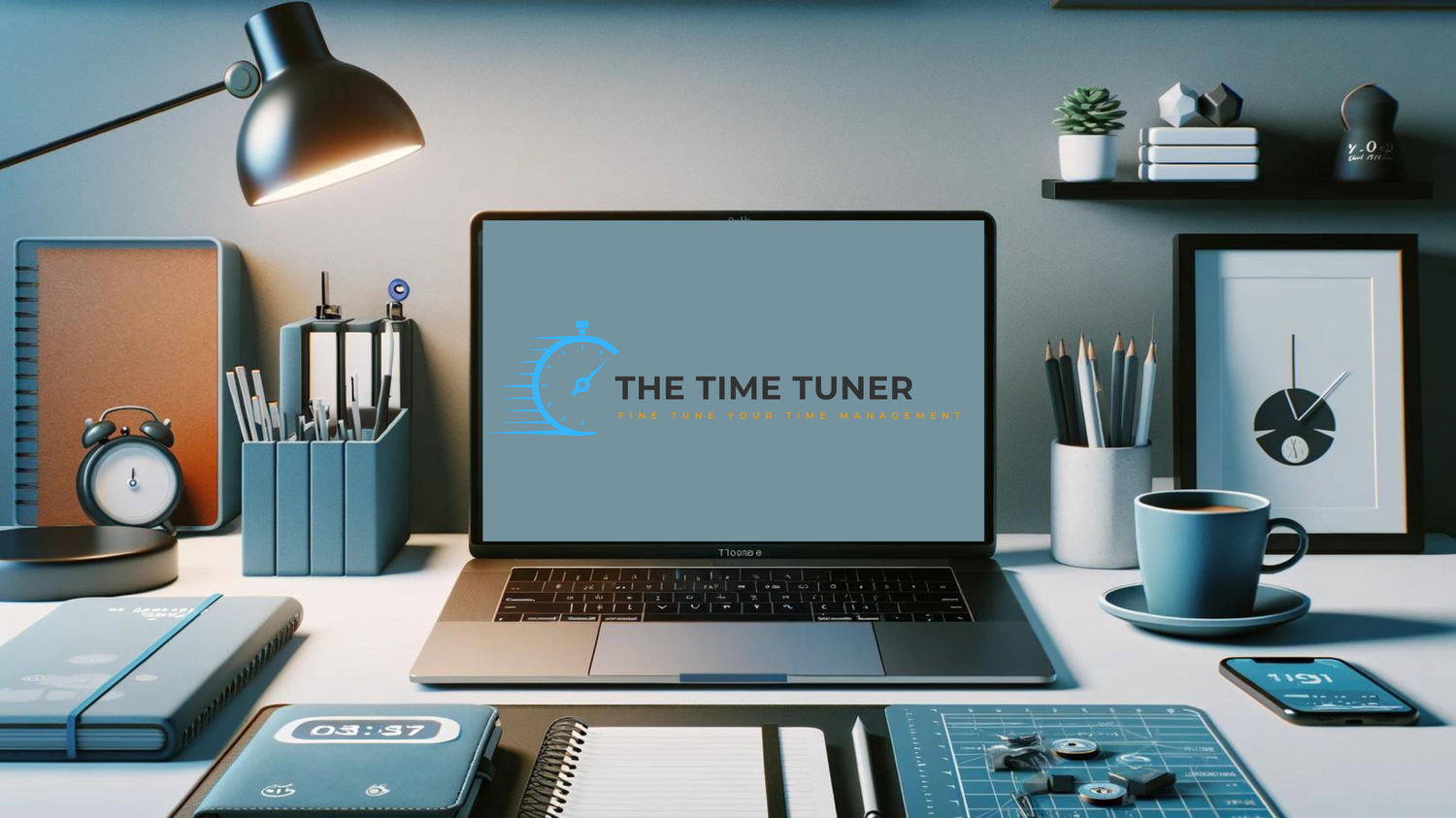 A minimalist desk setup with a laptop displaying The Time Tuner logo, surrounded by office supplies, a clock, and a cup of coffee.